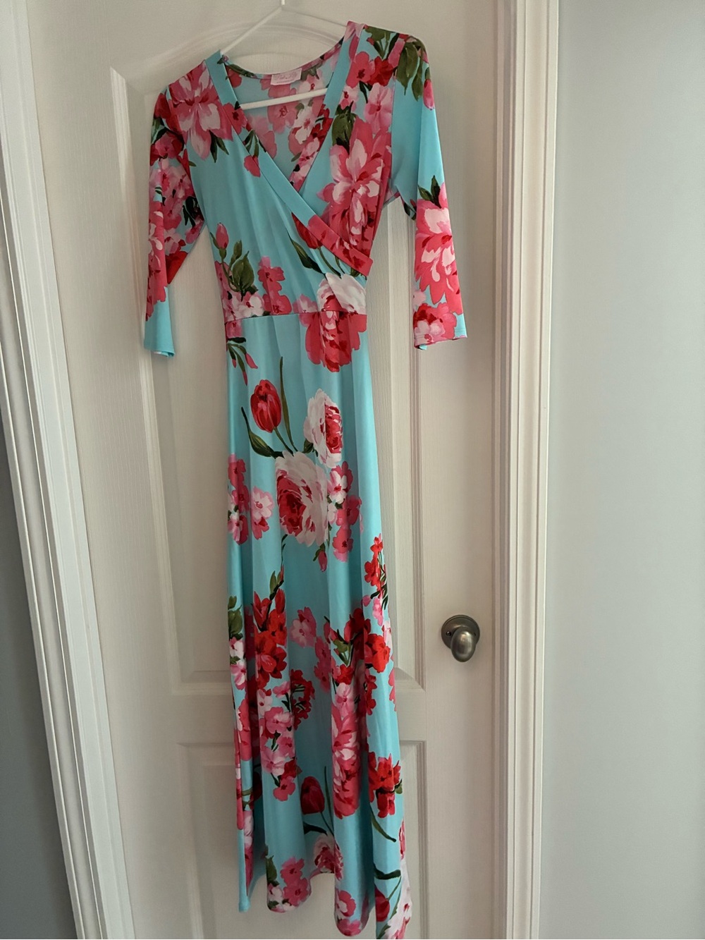 Pink Lily Aqua Maxi Dress with Pink Floral Print